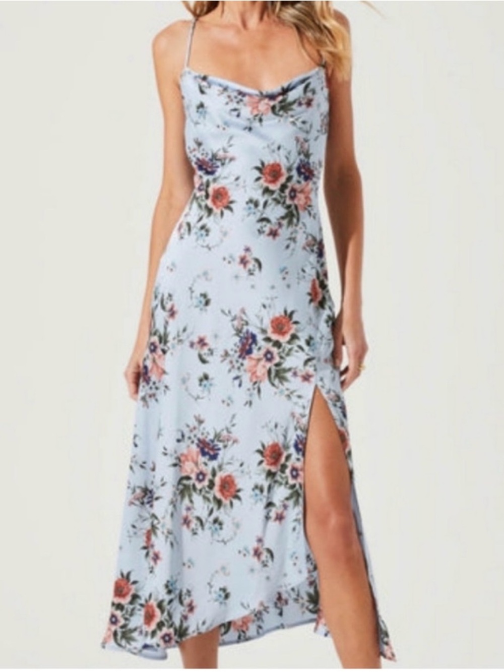 Astr Gaia Light Blue Floral Midi Dress With Slit